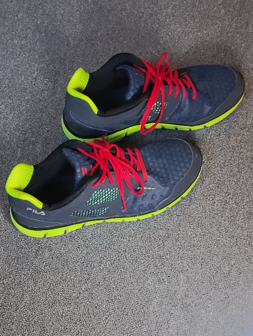 Fila Men's Navy Athletic Sneakers with Neon Green Highlights and Red Laces